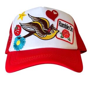 Colorful Retro Swallow Trucker Hat with Embroidered Patches